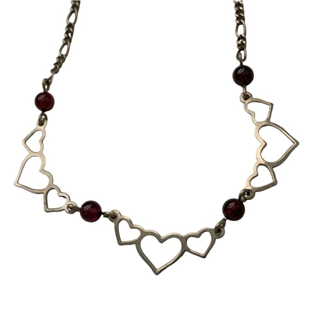HEART Necklace 925 Sterling Silver Garnet Pearl Multi 3 Heart Spaced 16”L VTG